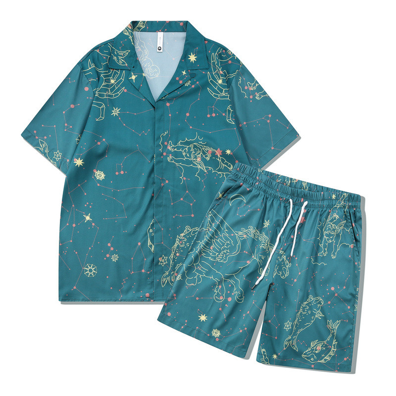[Novo produto] Cavalheiro Praia Casual Retro Linha de Impressão Digital Marca Abstrata Solta Conjunto de Camisa de Manga
