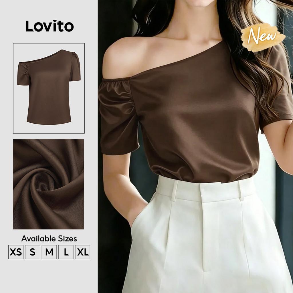 (New Arrival) Lovito Blusa Elegante Assimétrica Marrom Primavera/verão Feminina BLB201P1D078