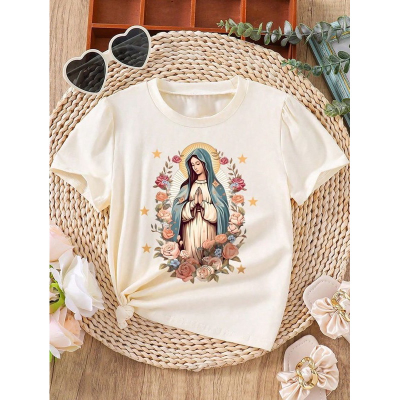 Camiseta Infantil Nossa Senhora de Guadalupe Católica Religiosa Cristã Estampada 100% Algodão Gola Redonda Menina Menino