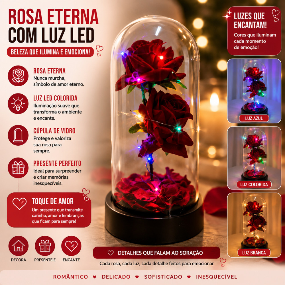 Rosa Eterna Com Luz LED 3 Cores Presente Romântico Redoma De Vidro Decoração