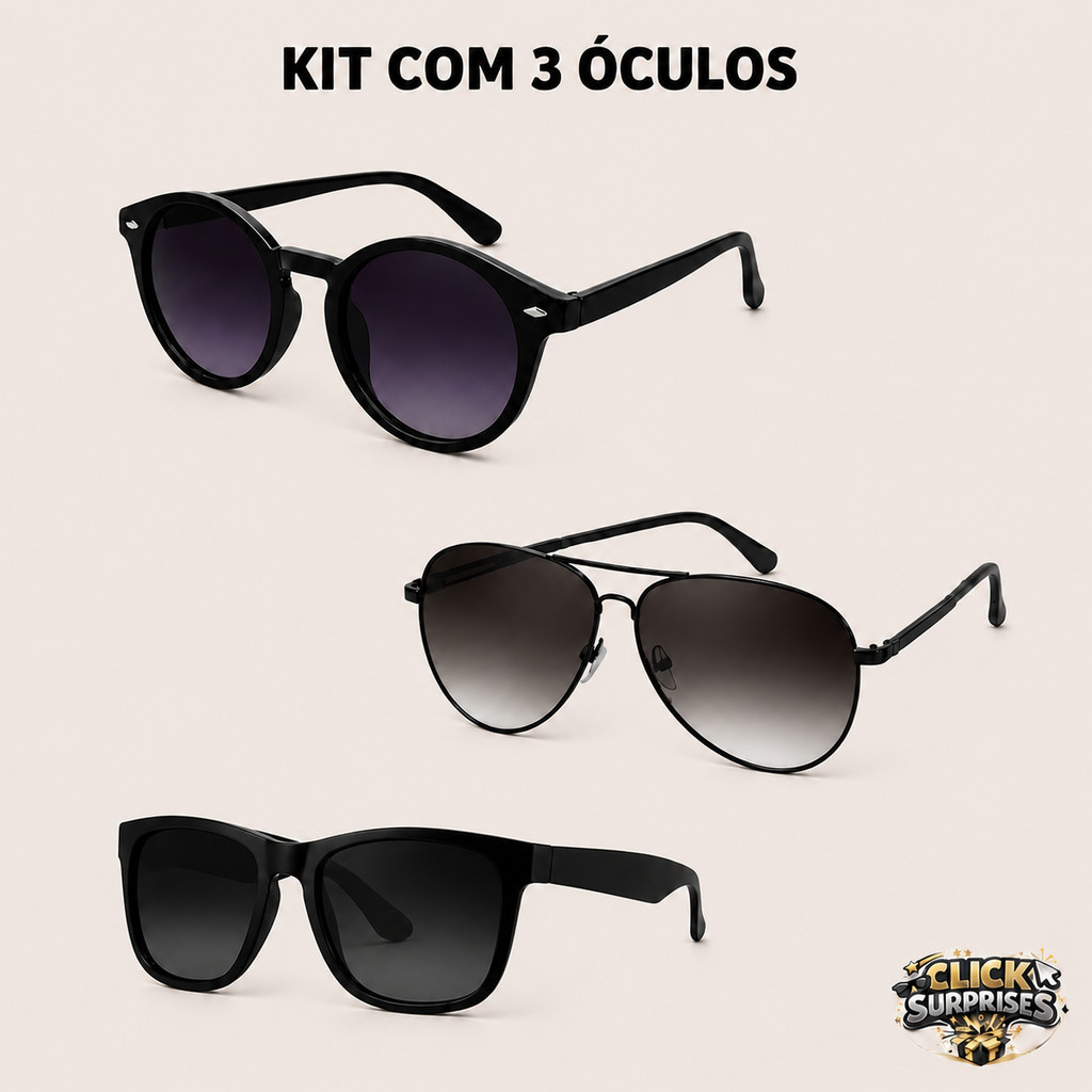 Kit 3 ou 2  Óculos de Sol - JUSTIN, AVIADOR, VINTAGE e ALOK Unissex e Estilosos | 100% Qualidade
