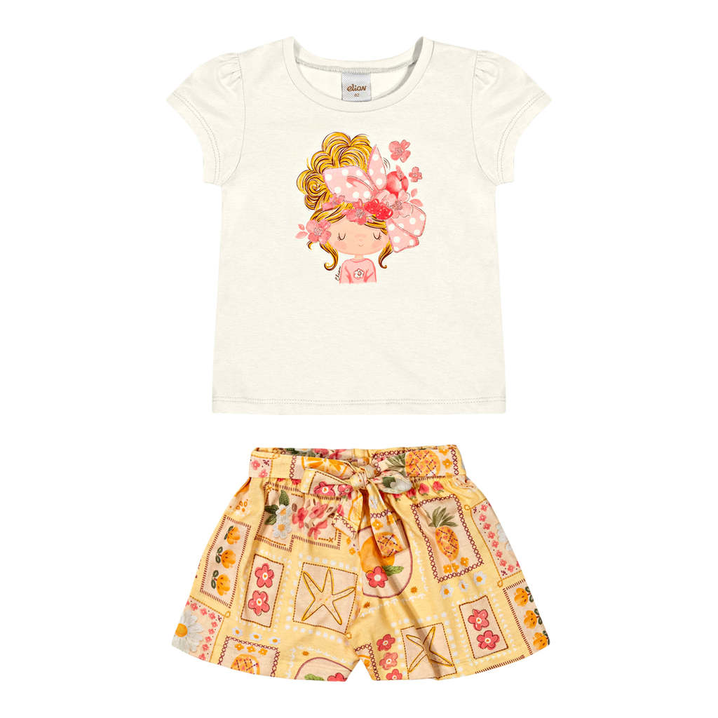 Conjunto Infantil Menina Ilustrado Brilho Elian Bege