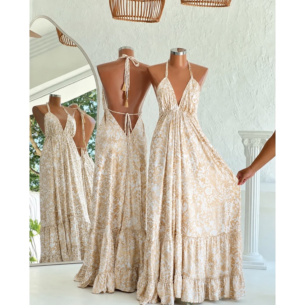 Vestido longo elegante branco feminino longo de Seda Indiano estampado
