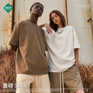 Pronto estoque 385G cor sólida solta algodão em torno do pescoço camiseta Popular street wear cor sólida ampla espessada