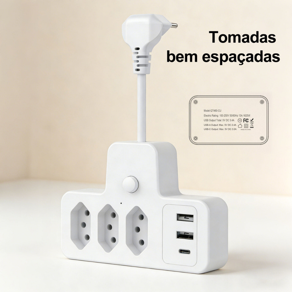 Extensão Elétrica Com Cabo 3 Tomadas Régua 3 USB 1 tipo-c