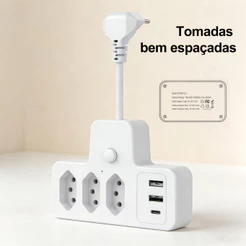 Extensão Elétrica Com Cabo 3 Tomadas Régua 3 USB 1 tipo-c