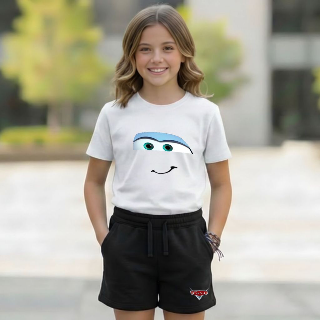 Conjunto Infantil Camiseta e Short Moletinho Rosto Sally Confortável Carros Algodão Estiloso Presente Unissex