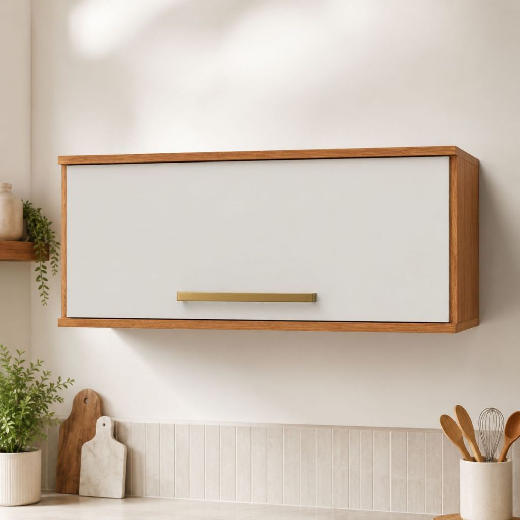 Armário Aéreo Cozinha 1 Porta Basculante Suspenso Organizador de Parede 80cm Branco com Freijó Frete