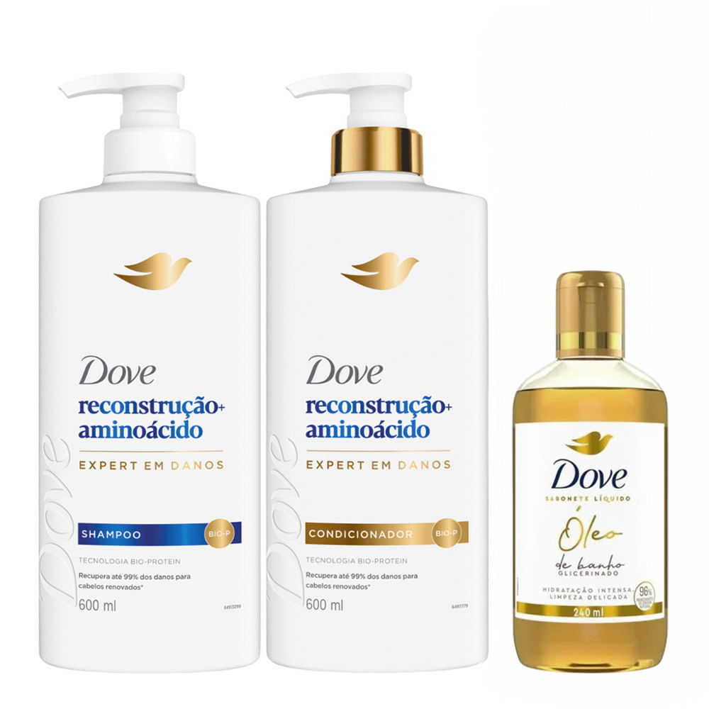 Kit Dove Shampoo e Condicionador 600ml Reconstrução e Aminoácido + Óleo de Banho 240ml