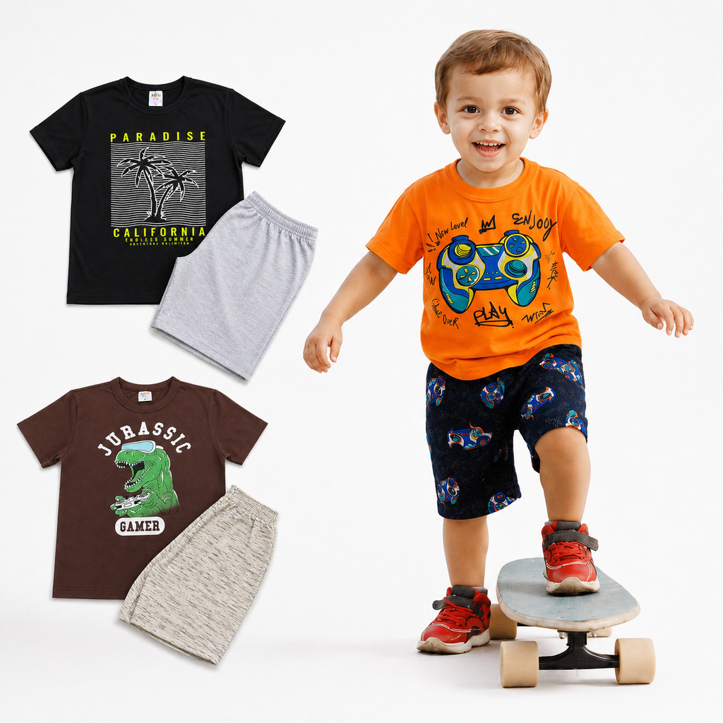 Kit 2 Conjunto Infantil Menino Verão Blusa e Short Algodão Sortido Tamanho 1 ao 14