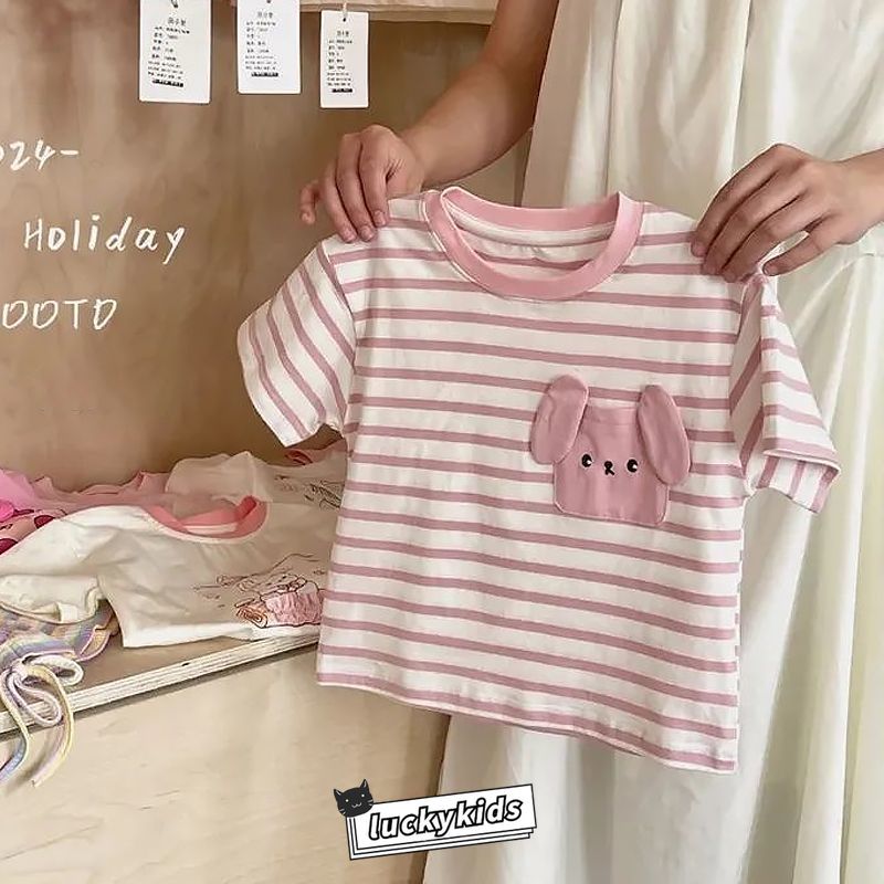 100 % Algodão Bonito Crianças Meninas Tira Impressão Manga Curta Camiseta Verão Bebê Macio Respirável