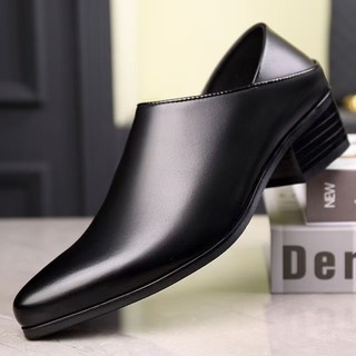 Sapatos masculinos de couro com bico fino e salto alto, roupa Formal de negócios, preto, aumento de couro genuíno, tendê
