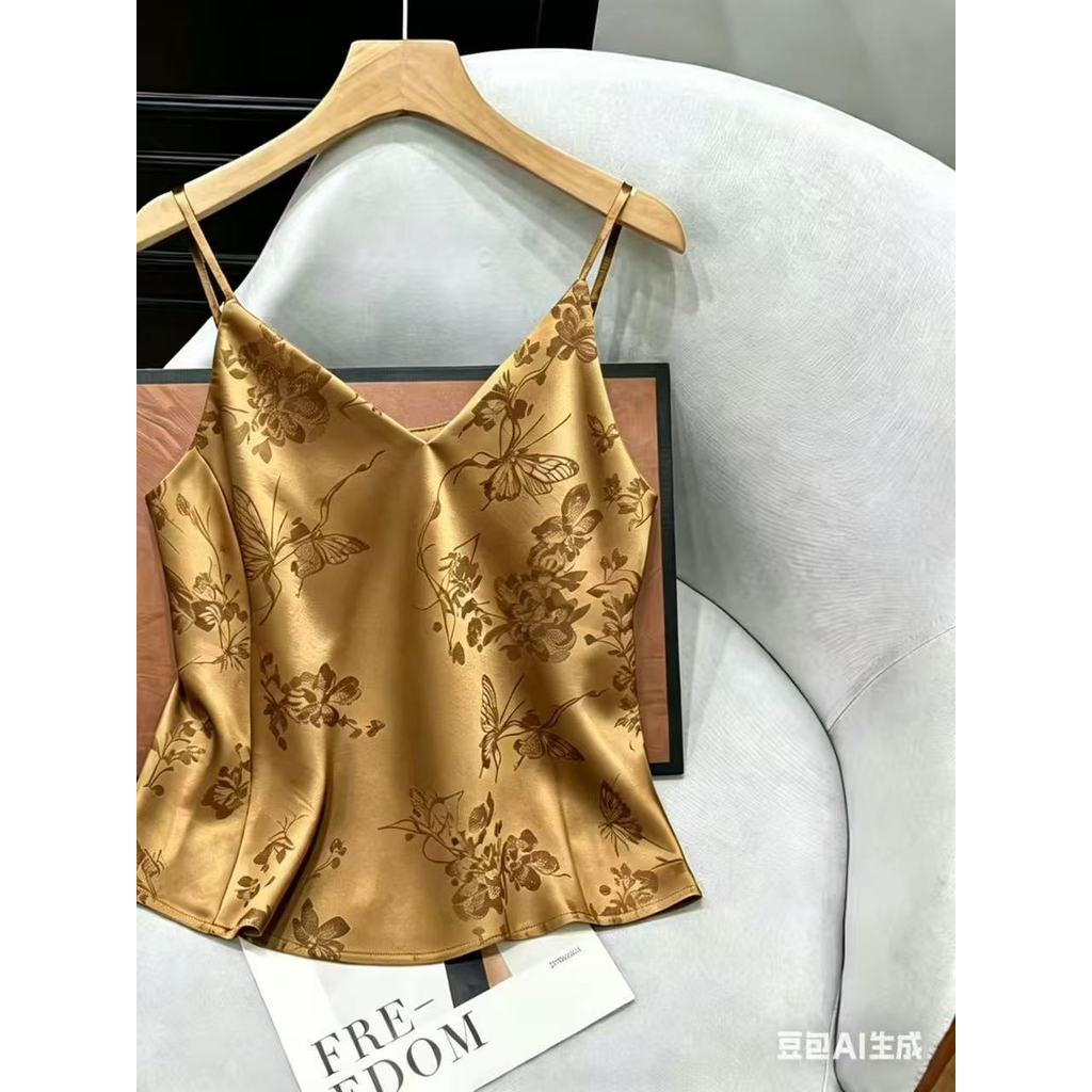 2026 verão novo estilo novo chinês Retro High-End cetim camisola feminina cetim de seda Jacquard camisola jogo interno