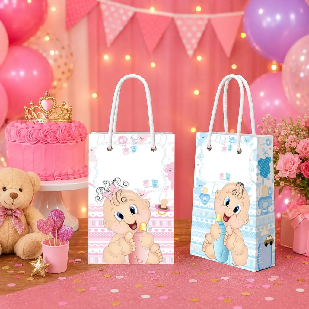 Sacolinhas Surpresa Personalizadas Chá Revelação Lembrancinha Aniversário Com Nome e Idade Sacola Papel Festa Infantil