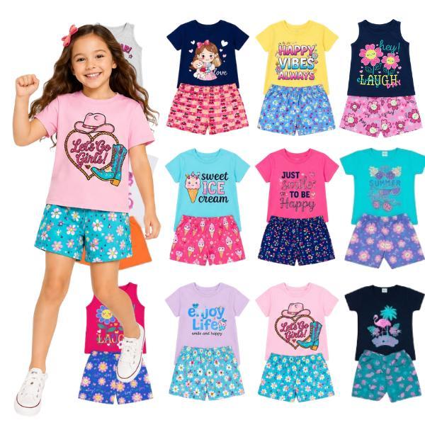 Kit 4 Peças Infantil Feminino Verão 2 Conjuntos Blusa e Short Menina Tamanhos 1 ao 14 Confortável e Leve para Dia a Dia