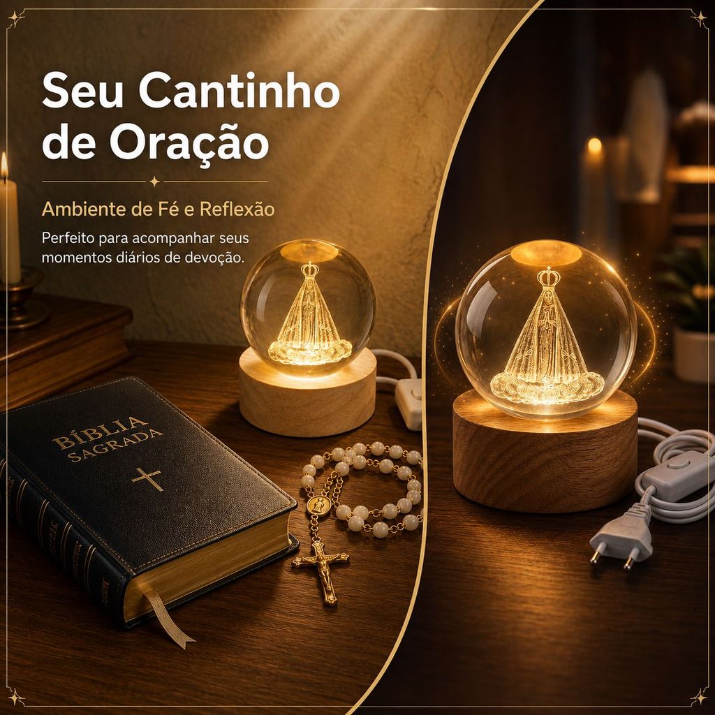 Abajur Nossa Senhora Aparecida Cristal Laser 3D - Luz LED Quente Tomada Padrão Brasil Decoração
