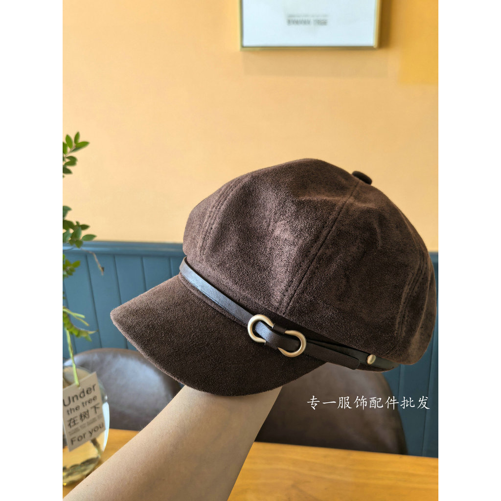 Estilo britânico Retro octogonal chapéu feminino outono inverno camurça boina All-Match rosto-olhando pequena fivela de 