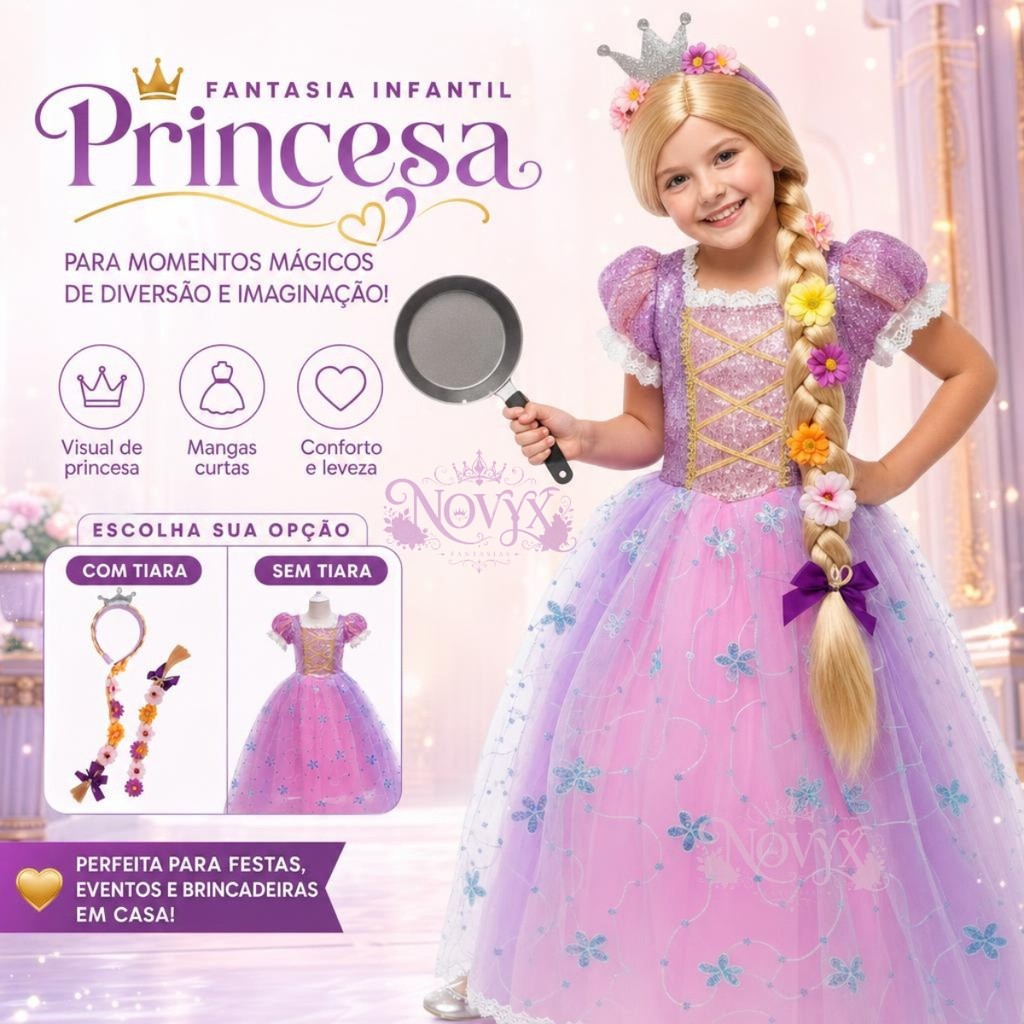 Fantasia rapunzel  Infantil Menina Vestido Luxo Princesa Rapunzel + tiara enrolados Completa