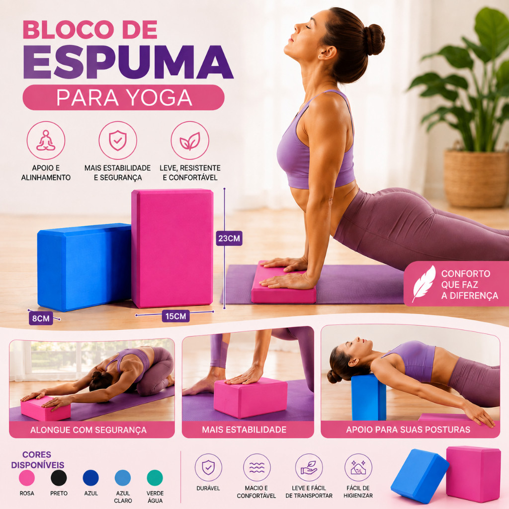 Bloco de Yoga Espuma para Apoio, Alogamento, Postura, Flexibilidade - O conforto preciso para seu Exercicio.