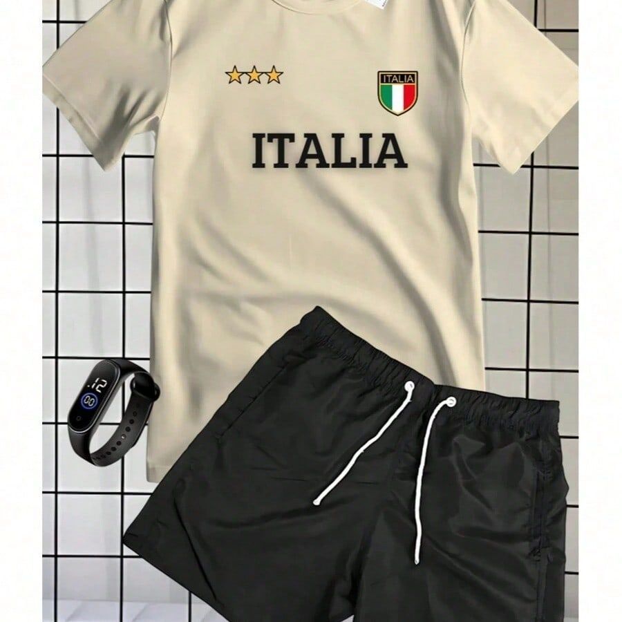 Kit Masculino Camisa Algodão + Short Tectel Elastano Academia Italia Conjunto Camiseta + Bermuda Casual Ou Lazer Praia
