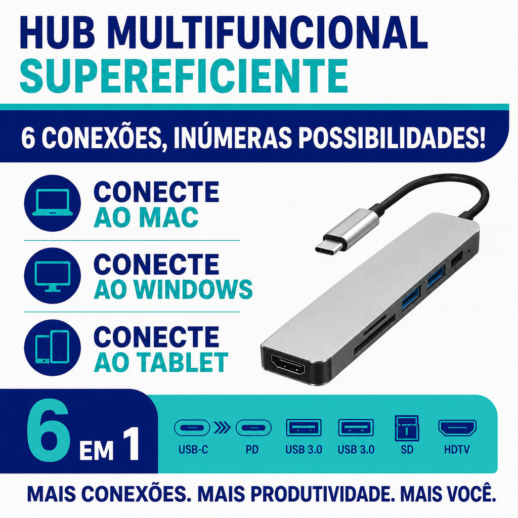 Hub USB-C 6 em 1 SEISA BYL-2010 com HDMI 4K, USB 3.0, Leitor TF/SD e PD 87W