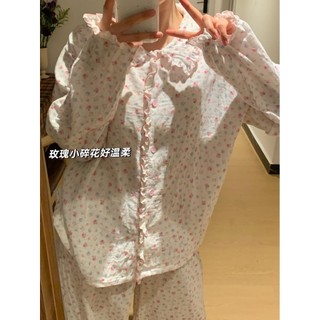 Pastoral Pequeno floral Pijamas Feminino viral Estilo Coreano Manga Longa Casa Conjunto