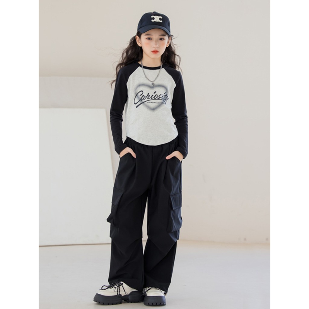 Meninas terno primavera outono estilo ocidental moda macacão médio grande crianças pulôver de manga comprida crianças Hi