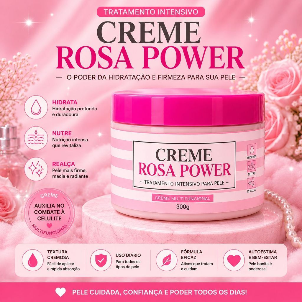 Creme Rosa Power 300g Antiestrias e Anticelulite Hidratante corporal Reafirmante Multifuncional