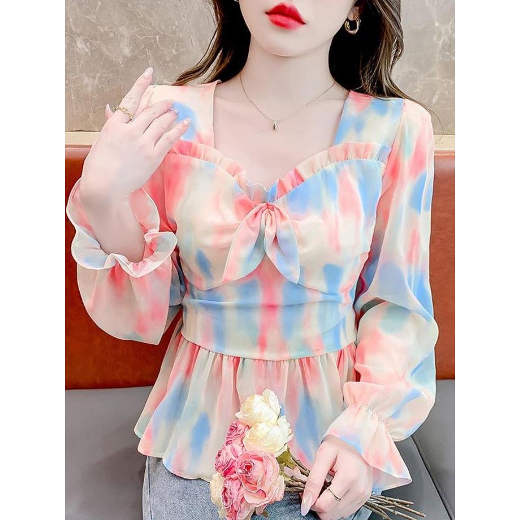 Primavera verão mancha pequena fresca reduzindo a idade camisa estilo ocidental feminina manga comprida pescoço quadrado