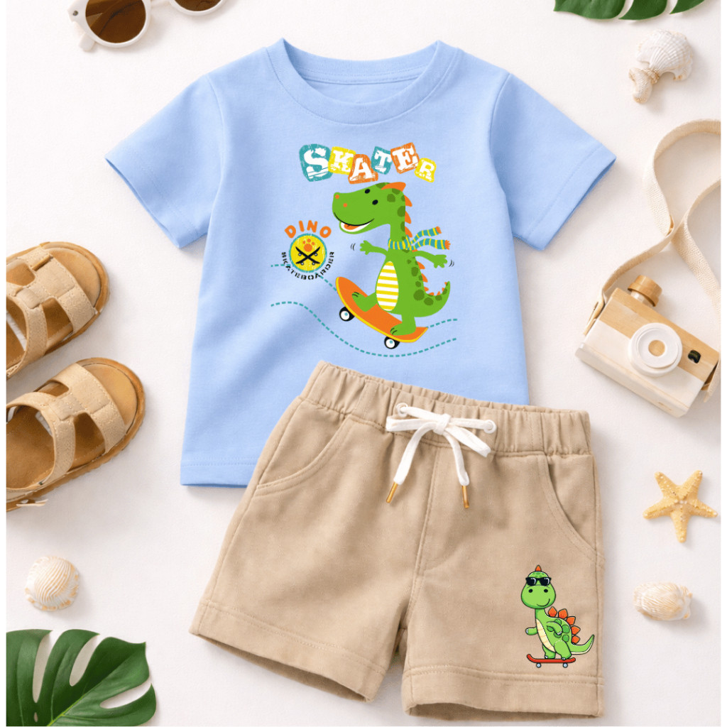 Conjunto Infantil Dino Skate - Conjunto de Menino Estilo StretWear - Camiseta 100% Algodão e Short Moletinho - Conforto