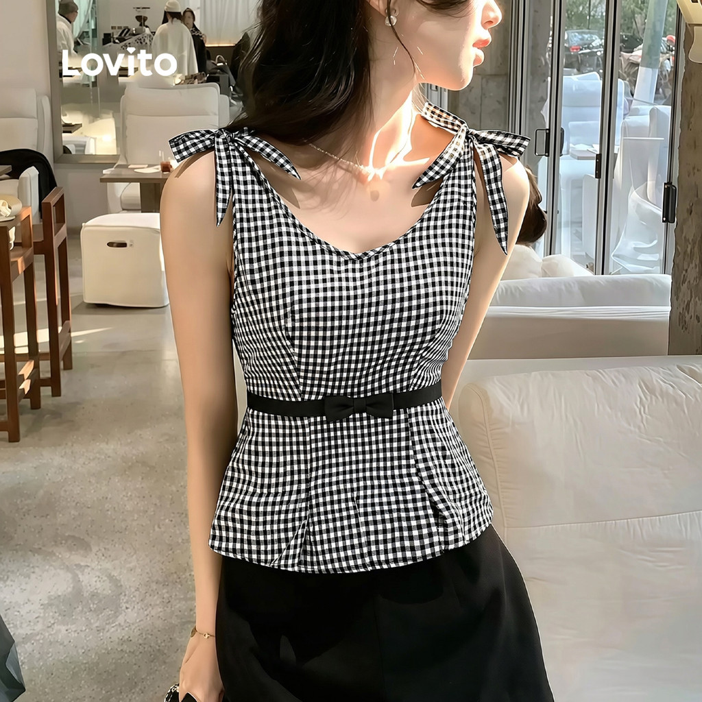 Lovito Blusa Elegante Top Bow com Bloco de Cores Preto para mulheres LK7ED413 · foto 2