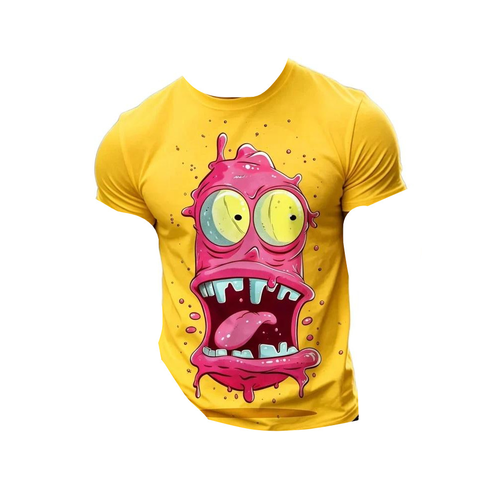 Camiseta Infantil de Manga Curta com Estampa de Monstro Rosa 3D, Estampa Divertida de Desenho Animado, Gola Redonda, Par