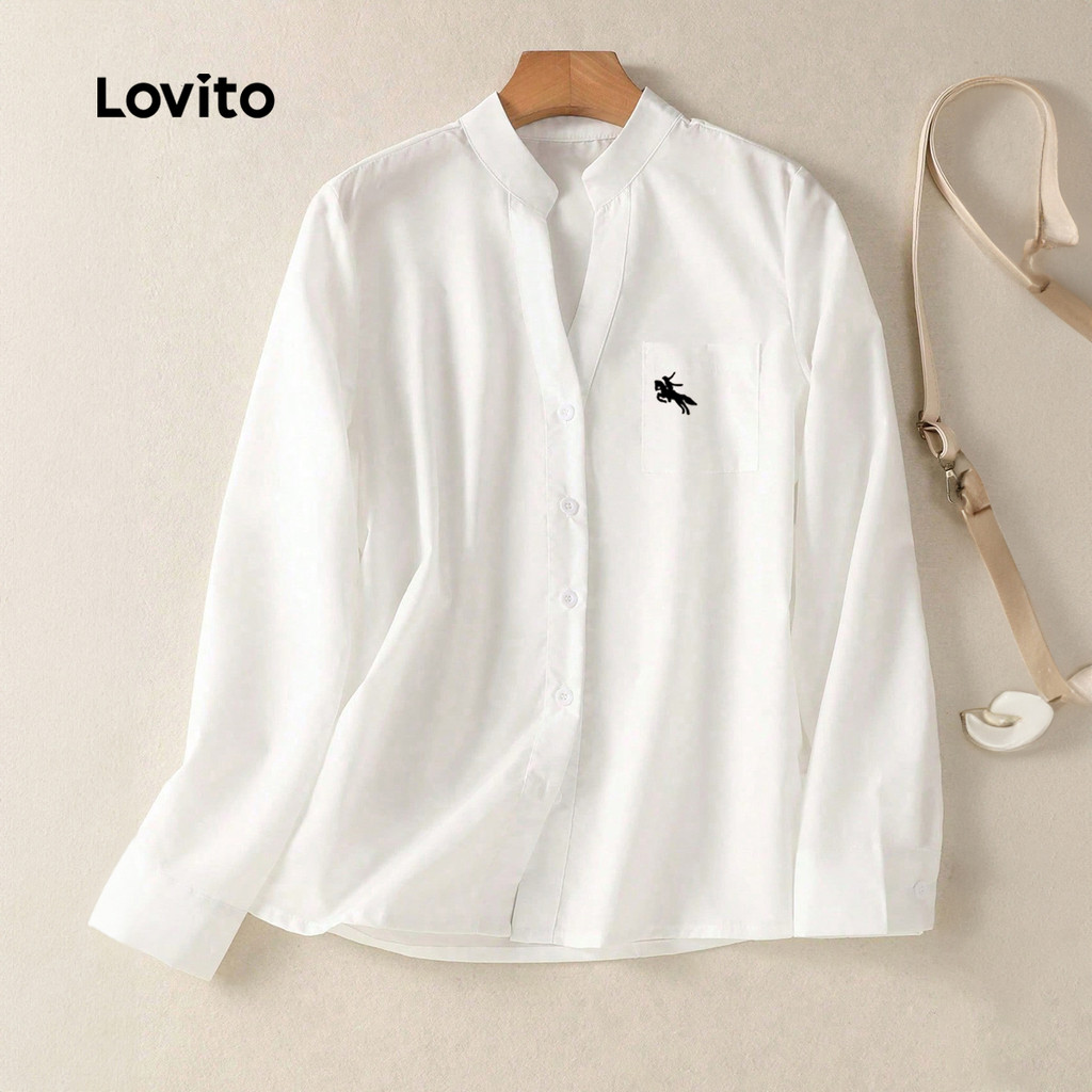 (Lovito x Ana) Gola Padre Padrão de Blusa Casual Botão Frontal Primavera/verão Blusa Branca para Mulheres LK5LD032 · foto 2