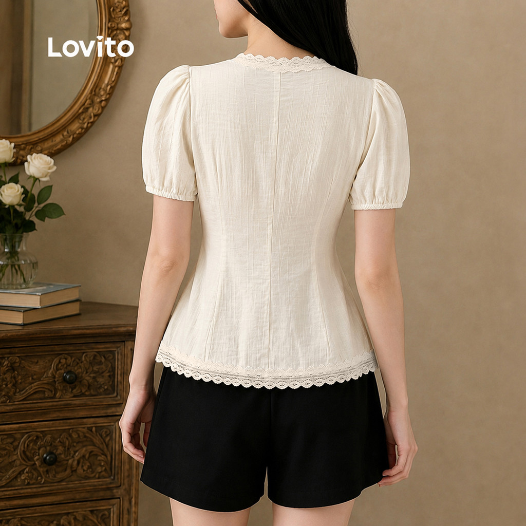(New Arrival) Lovito Blusa Elegante de Renda com Laço Frontal Textura Primavera/verão Cor Branca Off White para mulheres BLK9P2D387 · foto 2