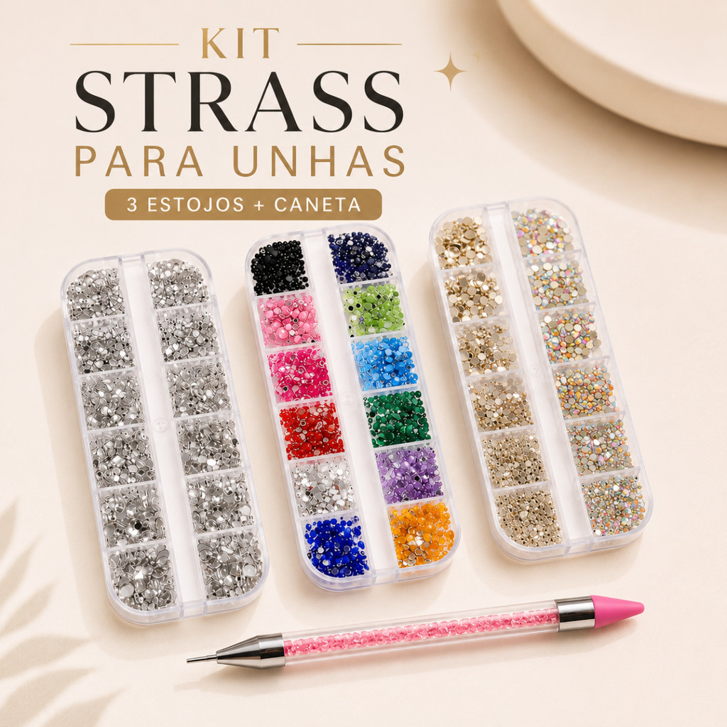 Kit Strass Para Unhas Com Caneta Aplicadora Pedrarias Nail Art Gel Fibra Acrigel Decoração