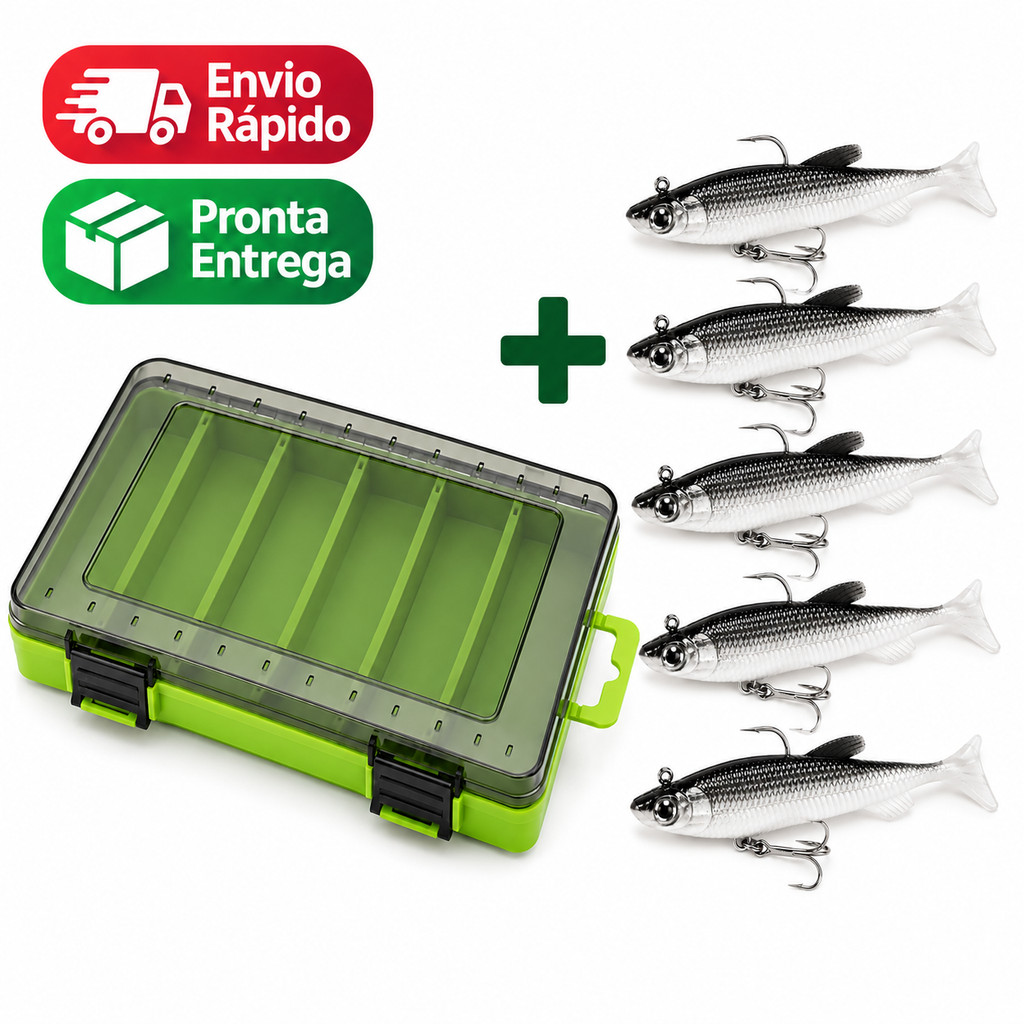Caixa Equipamento Pesca + 5 Iscas Artificiais