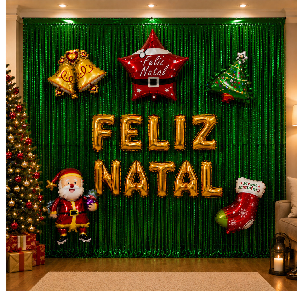 Kit Decoração Natal Festa Natalina Papai Noel Feliz Natal Balões Enfeites Cortina Metalizada Natalino