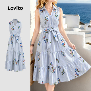 Lovito Vestido Boho com Cinto Estampado Botões Primavera/verão Feminino DRB198P1D414