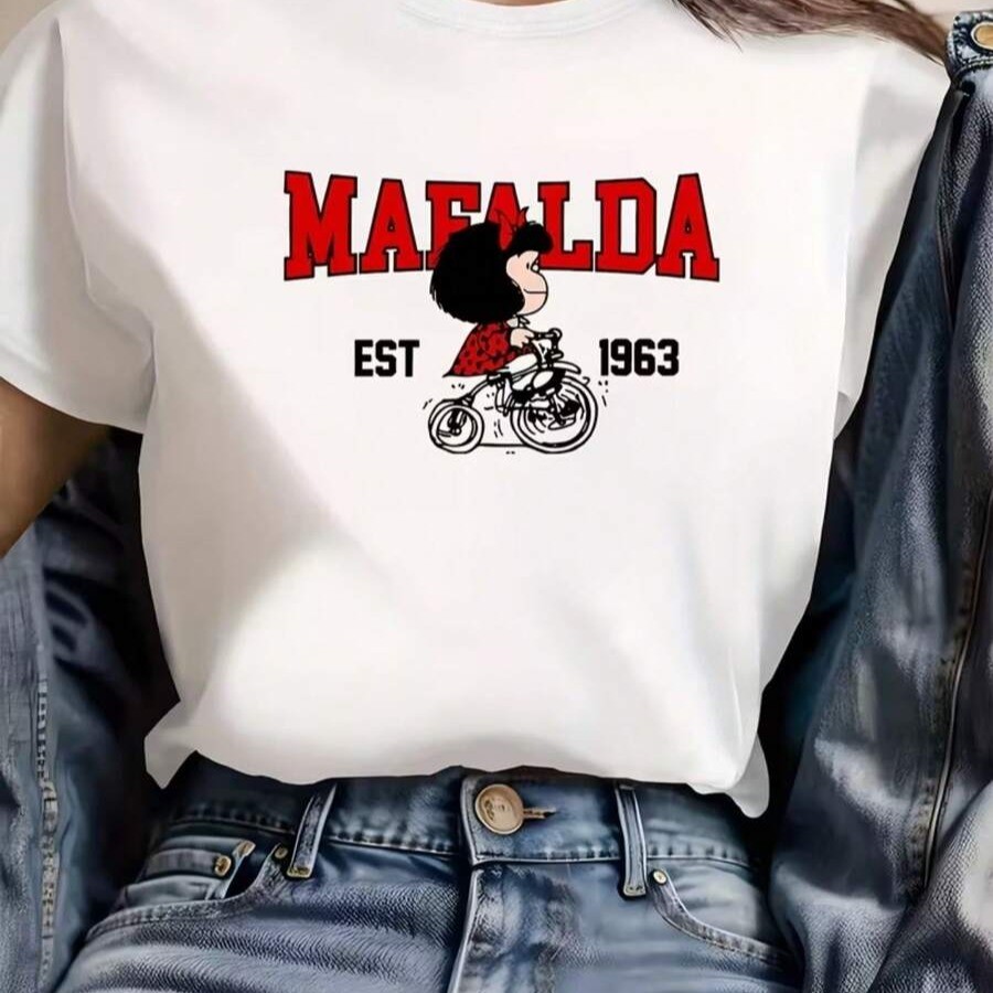 Tshirt Feminina Estilosa Estampada Mafalda Lançamento Camiseta 100% Algodão Camisetão Solta Camiseta