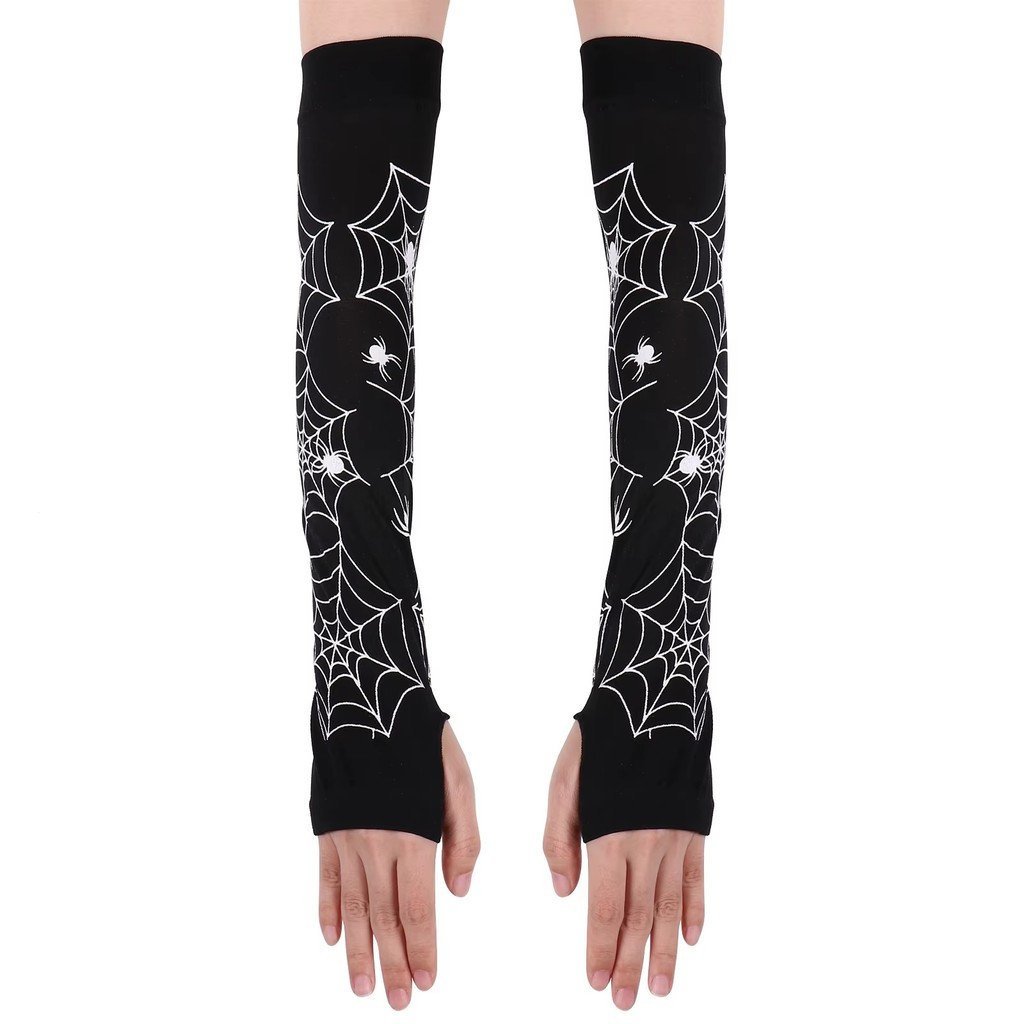 Par de Luvas Pretas sem Dedo com Estampa de TEIA DE ARANHA para Fantasia de Halloween Dia das Bruxas