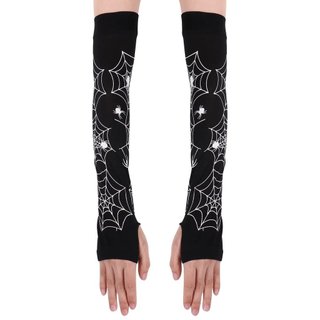 Par de Luvas Pretas sem Dedo com Estampa de TEIA DE ARANHA para Fantasia de Halloween Dia das Bruxas