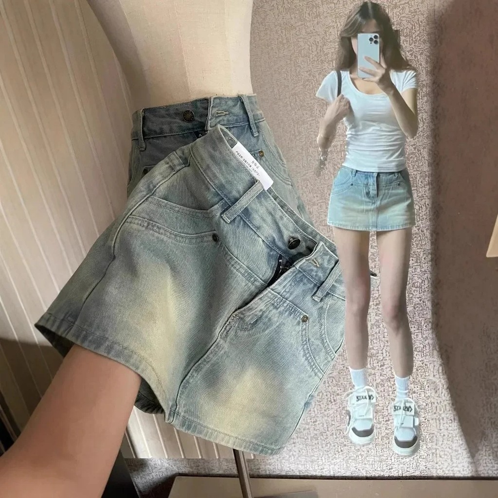 Saia Curta de Jeans de Cintura Alta Estilo Americano para Mulheres, Nova Coleção Primavera/Verão 2026, Saia-Calça Slim-F