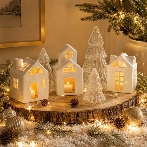 Enfeite Natal Casinhas Árvore Vela Branco Centro Mesa Decoração Natalina Vilarejo Decorativo — imagem 2 de 2