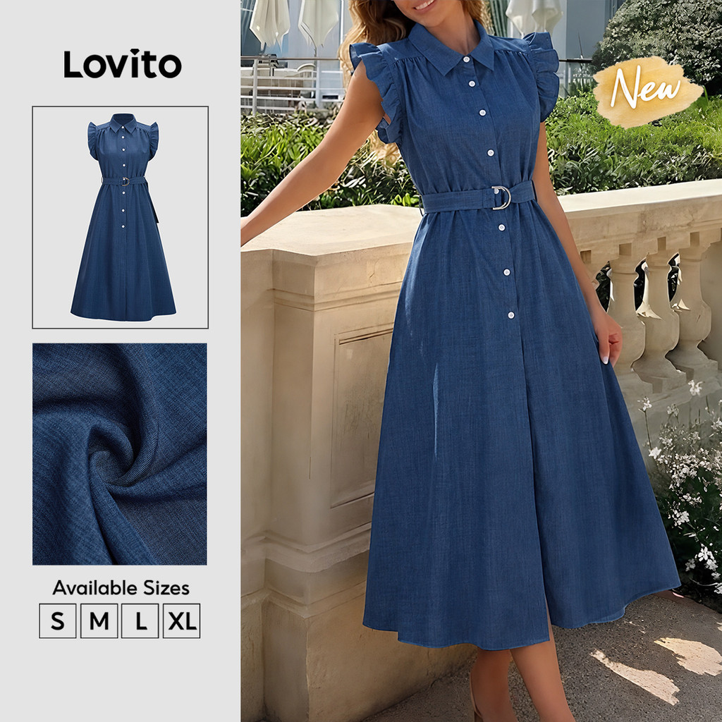(New Arrival) Lovito Casual Vestido Longo Flare Azul Escuro Babado Botão Férias Primavera Verão Para Mulheres DRB39BR039