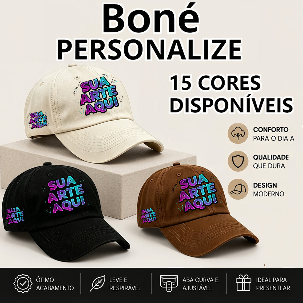Boné Unissex Personalizado Algodão – Estampe Sua Marca Frente e Lateral Várias Cores