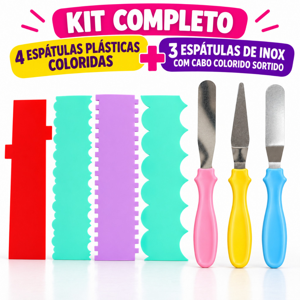 Kit 7 Espátulas de Confeitar Grande Para Bolos Doce Profissional Cor Sortidas Inox