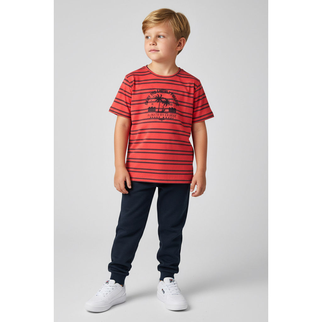 Camiseta Infantil Menino Listras Tropical Elian Vermelho · foto 2