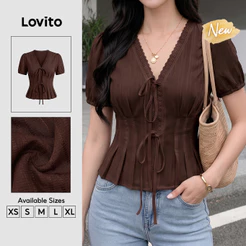 (New Arrival) Lovito Blusa Marrom Casual Feminina Manga Curta Decote V Babados Renda Pregas primavera/verão Fim De Semana Bordado BLB204P1D297