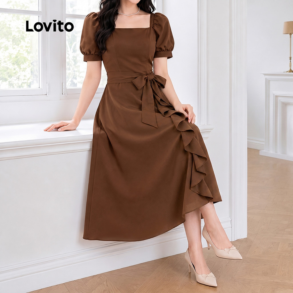 Lovito Vestido Feminino Marrom Drapeado com Babado Modelo Longo A Primavera Verão Traje de Trabalho DRB204P1D309 — imagem 2 de 2