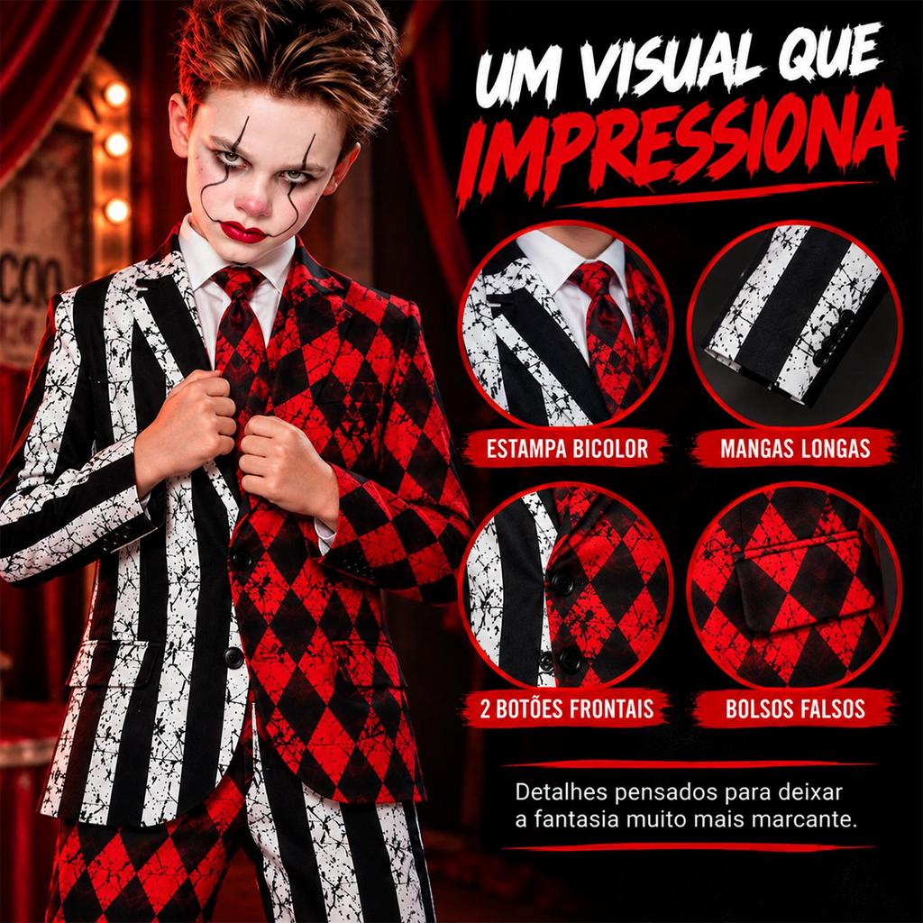 Fantasia do Coringa Infantil pra Menino Terno Calça e Gravata de Halloween e Carnaval — imagem 2 de 2